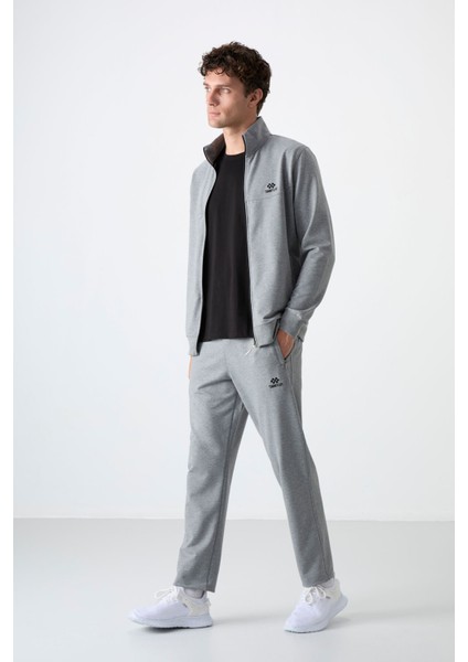 Gri Melanj Dik Yaka Fermuarlı Rahat Form Klasik Paça Erkek Eşofman Takımı - 85072