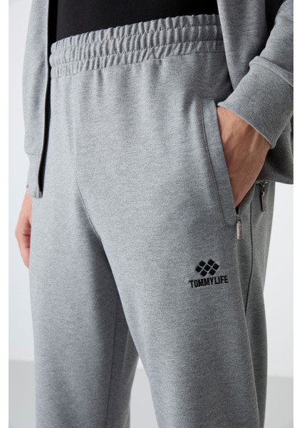 Gri Melanj Dik Yaka Fermuarlı Rahat Form Klasik Paça Erkek Eşofman Takımı - 85072
