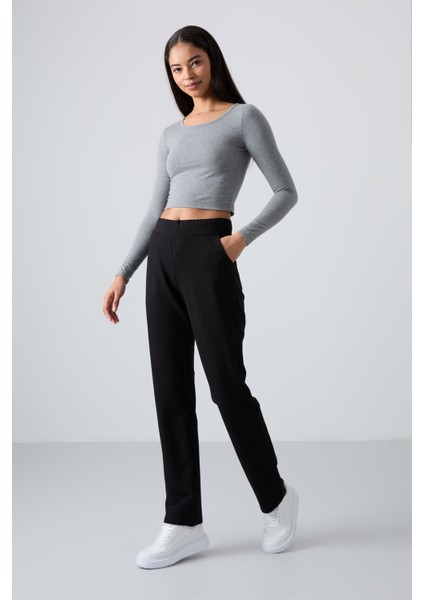 Siyah Yüksek Bel Cepli Rahat Form Klasik Paça Kadın Eşofman Alt - 94185