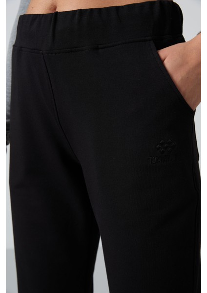 Siyah Yüksek Bel Cepli Rahat Form Klasik Paça Kadın Eşofman Alt - 94185