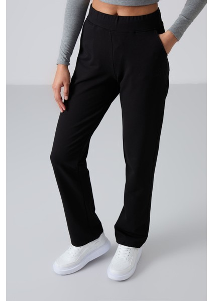 Siyah Yüksek Bel Cepli Rahat Form Klasik Paça Kadın Eşofman Alt - 94185