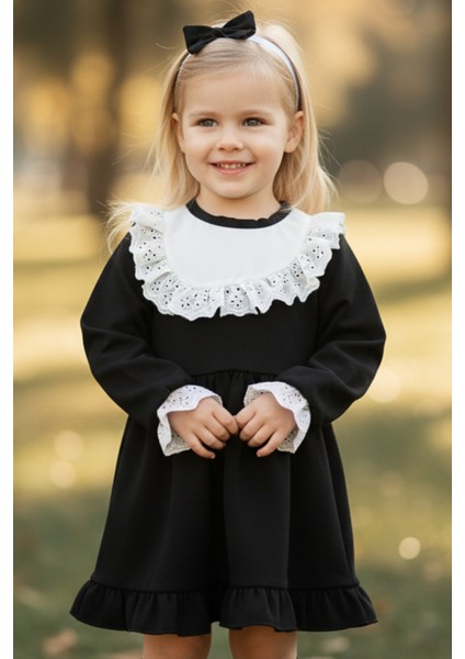 Kız Çocuk Ruby Siyah Uzun Kollu Dantel Detaylı Fırfırlı Elbise