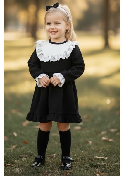 Kız Çocuk Ruby Siyah Uzun Kollu Dantel Detaylı Fırfırlı Elbise fiyatları