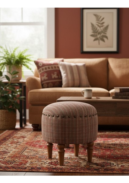 Saga Nostajik Ekose Ahşap Ayaklı Puf