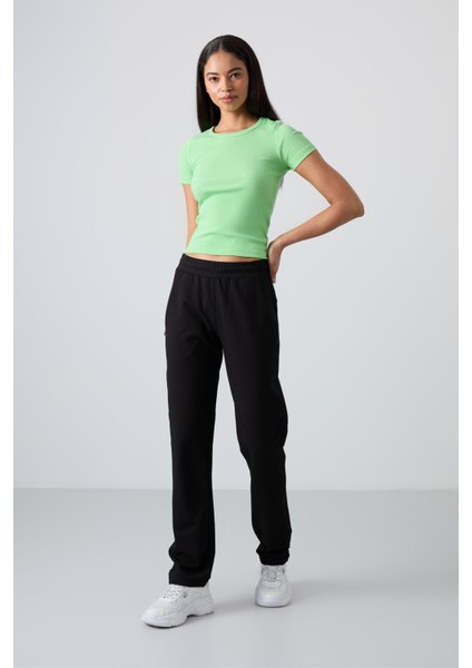 Siyah Gizli Fermuar Cepli Rahat Form Klasik Paça Kadın Eşofman Alt - 94148