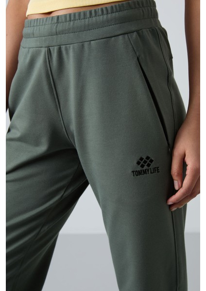 Haki Gizli Fermuar Cepli Rahat Form Klasik Paça Kadın Eşofman Alt - 94148