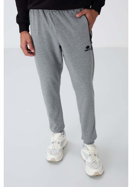 Gri Melanj Fermuar Cepli Standart Kalıp Jogger Erkek Eşofman Alt - 84651