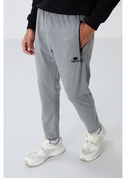 Gri Melanj Fermuar Cepli Standart Kalıp Jogger Erkek Eşofman Alt - 84651