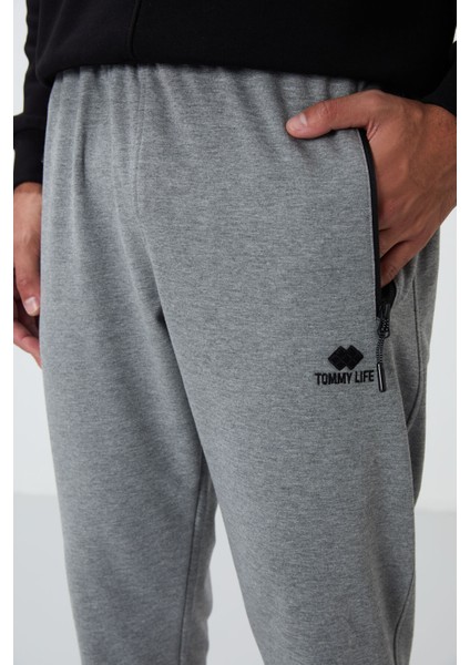 Gri Melanj Fermuar Cepli Standart Kalıp Jogger Erkek Eşofman Alt - 84651