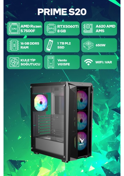 Prime S20 Amd Ryzen 5 7500F 16GB RAM 1TB SSD RTX5060Ti 8GB Freedos Oyuncu OEM Paket