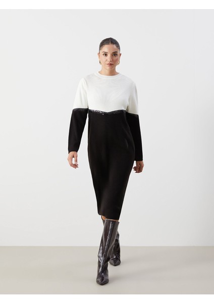 Yeni Sezon Bisiklet Yaka Renk Bloklu Kadın Triko Elbise