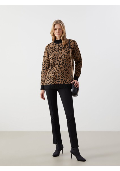 Yeni Sezon Dik Yaka Leopar Desenli Kadın Triko Tunik fiyatları