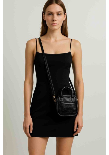 Kadın Mini Portföy & Askılı Çanta – Siyah Trend Crossbody