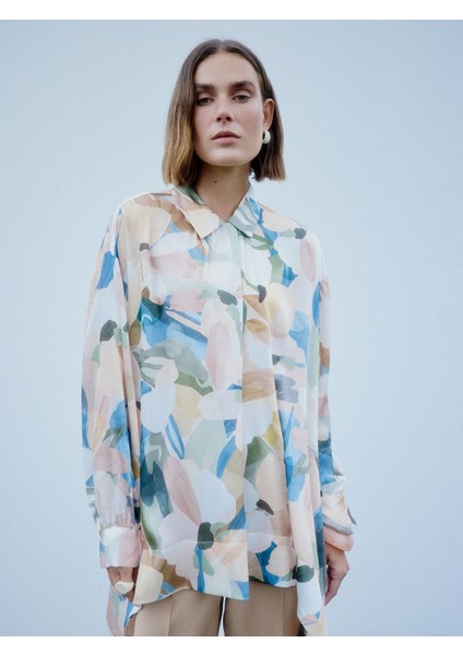 Yeni Sezon Gömlek Yaka Desenli Saten Kadın Tunik