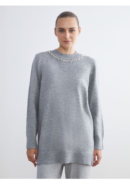 Yeni Sezon Bisiklet Yaka Taşlı Kadın Triko Tunik