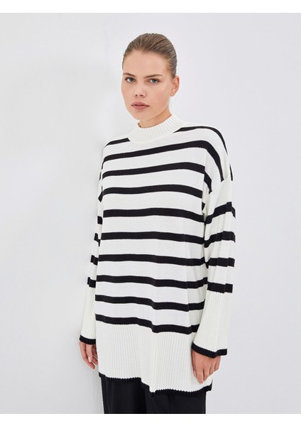 Yeni Sezon Bisiklet Yaka Çizgili Kadın Triko Tunik