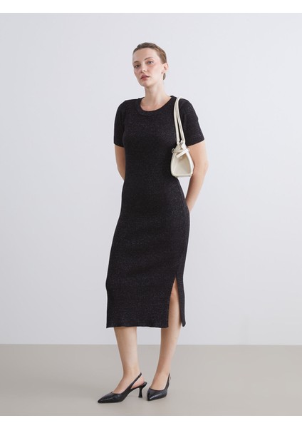 Yeni Sezon Bisiklet Yaka Parlak Görünümlü Triko Elbise