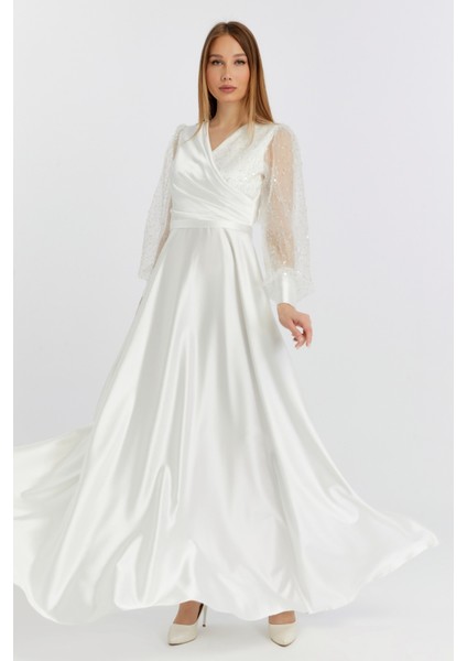 Kadın Abiye ve Mezuniyet Kruvaze Yaka Elbise Saten Kumaş ve Inci Boncuklu Tül Abiye Elbise fiyatları