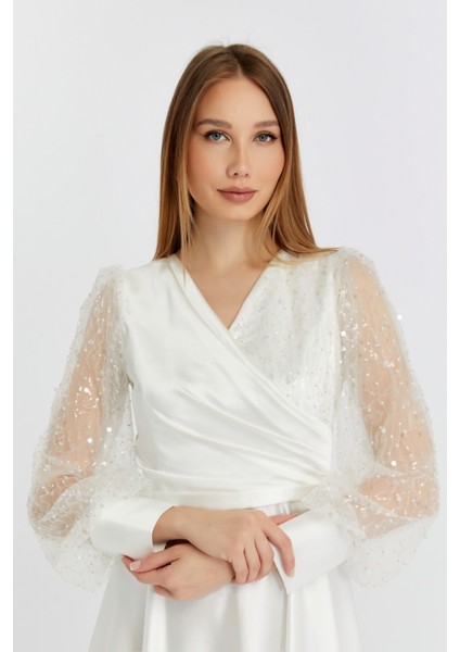 Kadın Abiye ve Mezuniyet Kruvaze Yaka Elbise Saten Kumaş ve Inci Boncuklu Tül Abiye Elbise fırsatları