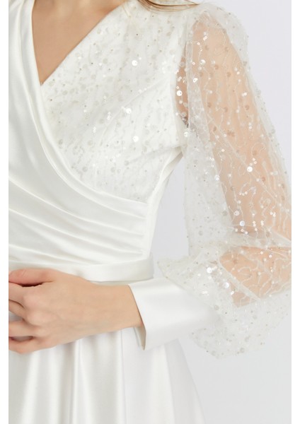 Kadın Abiye ve Mezuniyet Kruvaze Yaka Elbise Saten Kumaş ve Inci Boncuklu Tül Abiye Elbise indirimleri