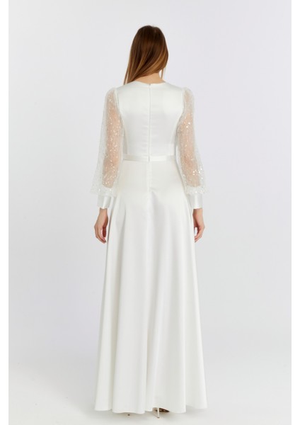 Kadın Abiye ve Mezuniyet Kruvaze Yaka Elbise Saten Kumaş ve Inci Boncuklu Tül Abiye Elbise