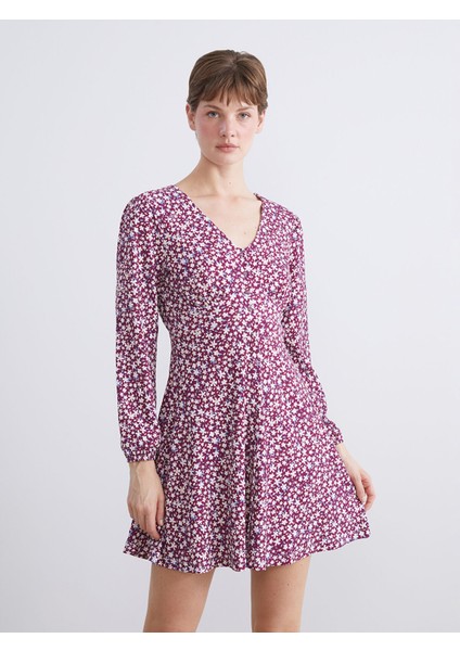 Yeni Sezon V Yaka Çiçekli Mini Elbise
