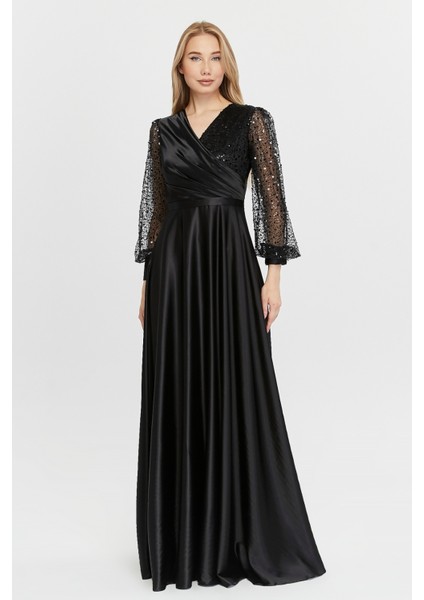 Kadın Abiye ve Mezuniyet Kruvaze Yaka Elbise Saten Kumaş ve Inci Boncuklu Tül Abiye Elbise