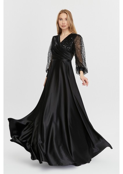 Kadın Abiye ve Mezuniyet Kruvaze Yaka Elbise Saten Kumaş ve Inci Boncuklu Tül Abiye Elbise fiyatları