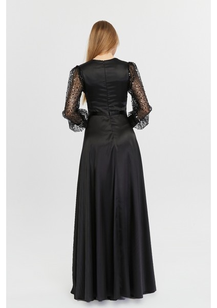 Kadın Abiye ve Mezuniyet Kruvaze Yaka Elbise Saten Kumaş ve Inci Boncuklu Tül Abiye Elbise modelleri