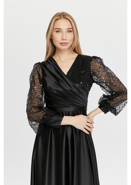 Kadın Abiye ve Mezuniyet Kruvaze Yaka Elbise Saten Kumaş ve Inci Boncuklu Tül Abiye Elbise indirimleri