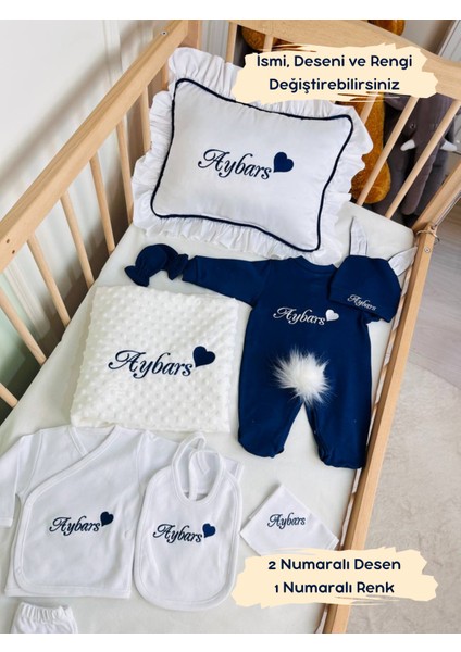 Isimli Hastane Çıkış Seti, Takı Yastığı ve Puset Örtüsü %100 Pamuk 12 Parça 0-3 Ay Nakışlı