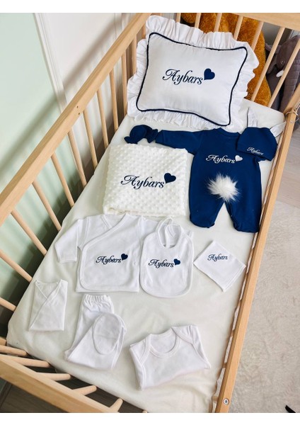 Isimli Hastane Çıkış Seti, Takı Yastığı ve Puset Örtüsü %100 Pamuk 12 Parça 0-3 Ay Nakışlı modelleri