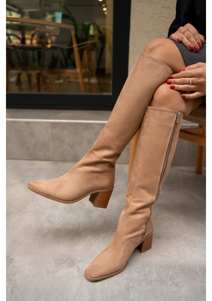 Volera Camel Süet Küt Burun Topuklu Çizme fırsatları