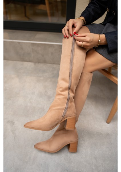 Volera Camel Süet Küt Burun Topuklu Çizme indirimleri