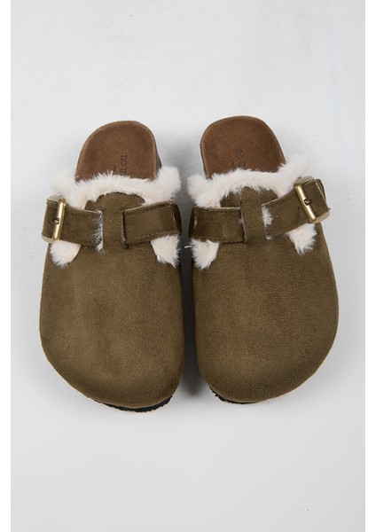 Cancun Kürklü Kadın Vegan Deri Tokalı Haki Sabo Terlik