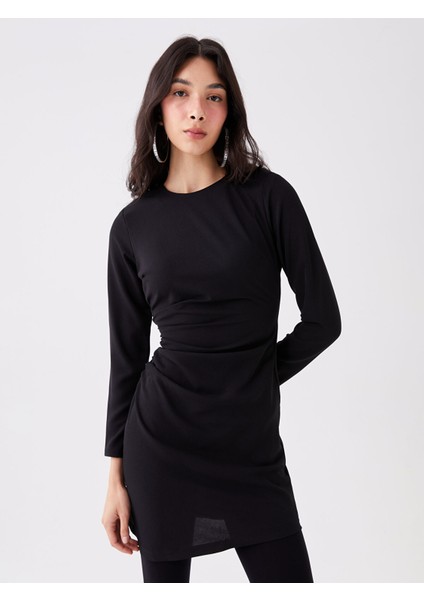 Yeni Sezon Bisiklet Yaka Düz Uzun Kollu Elbise
