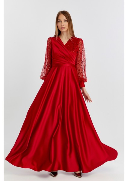 Kadın Abiye ve Mezuniyet Kruvaze Yaka Elbise Saten Kumaş ve Inci Boncuklu Tül Abiye Elbise