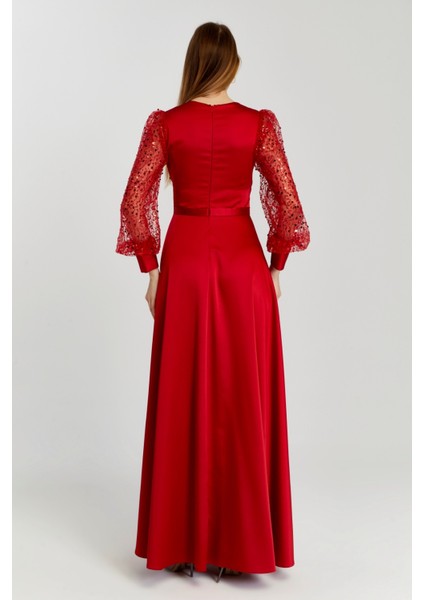 Kadın Abiye ve Mezuniyet Kruvaze Yaka Elbise Saten Kumaş ve Inci Boncuklu Tül Abiye Elbise fiyatları