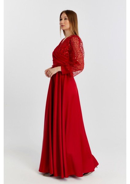 Kadın Abiye ve Mezuniyet Kruvaze Yaka Elbise Saten Kumaş ve Inci Boncuklu Tül Abiye Elbise modelleri