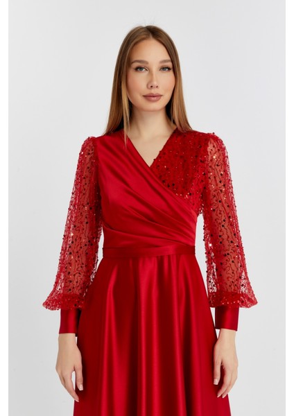 Kadın Abiye ve Mezuniyet Kruvaze Yaka Elbise Saten Kumaş ve Inci Boncuklu Tül Abiye Elbise indirimleri