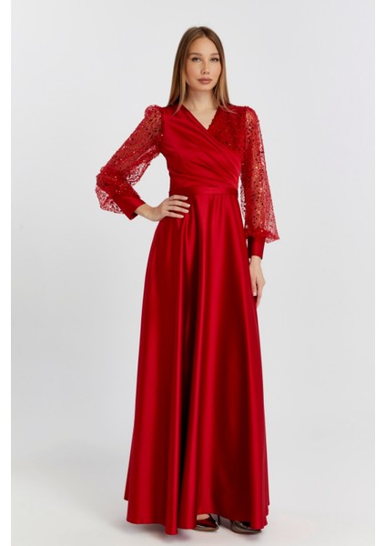 Kadın Abiye ve Mezuniyet Kruvaze Yaka Elbise Saten Kumaş ve Inci Boncuklu Tül Abiye Elbise