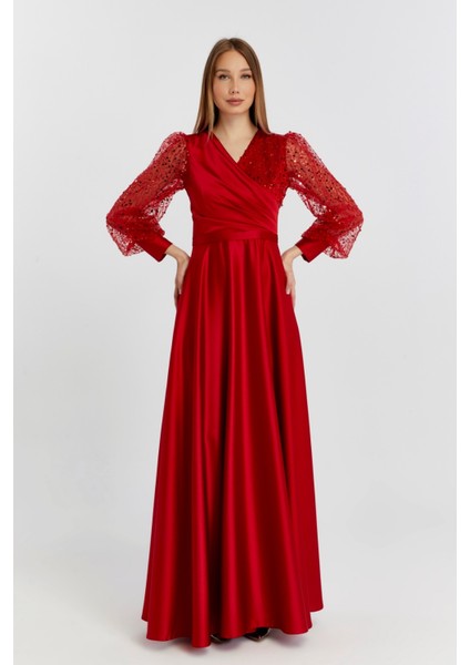 Kadın Abiye ve Mezuniyet Kruvaze Yaka Elbise Saten Kumaş ve Inci Boncuklu Tül Abiye Elbise