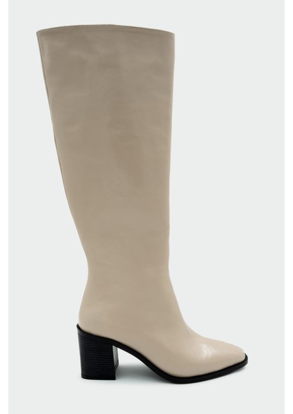 Volera Bej Deri Küt Burun Topuklu Çizme