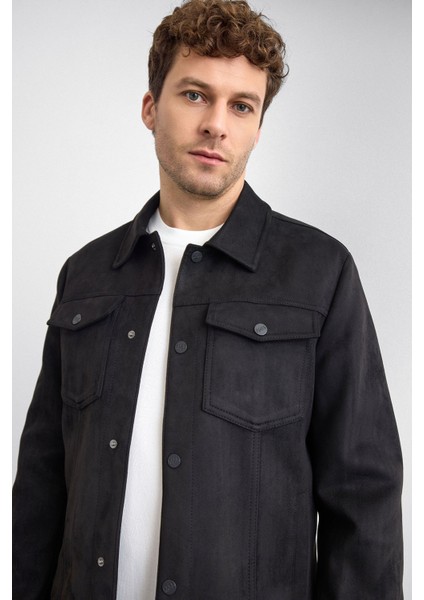 Siyah Gömlek Yaka Çıt Çıt Kapamalı Süet Ceket