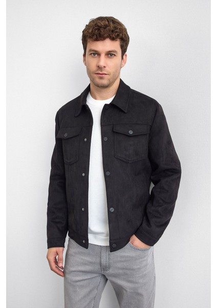 Siyah Gömlek Yaka Çıt Çıt Kapamalı Süet Ceket modelleri