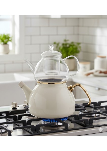 Emaye Cam Demlikli Çaydanlık