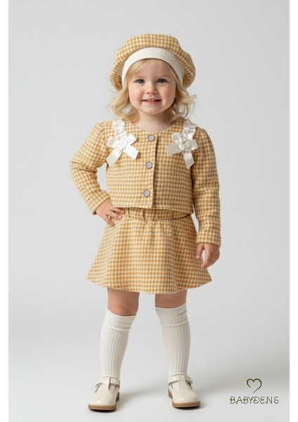 Kız Bebek Kazayağı Desenli Etek Ceket Şapka Takımı,oduncu Kumaş Kışlık 3’lü Kombin Düğme ve Fiyonklu