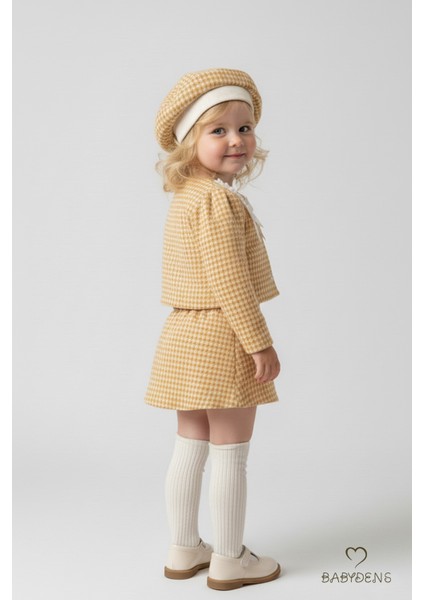 Kız Bebek Kazayağı Desenli Etek Ceket Şapka Takımı,oduncu Kumaş Kışlık 3’lü Kombin Düğme ve Fiyonklu fiyatları