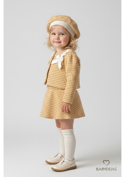 Kız Bebek Kazayağı Desenli Etek Ceket Şapka Takımı,oduncu Kumaş Kışlık 3’lü Kombin Düğme ve Fiyonklu modelleri