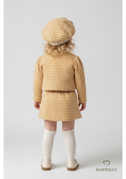 Kız Bebek Kazayağı Desenli Etek Ceket Şapka Takımı,oduncu Kumaş Kışlık 3’lü Kombin Düğme ve Fiyonklu indirimleri